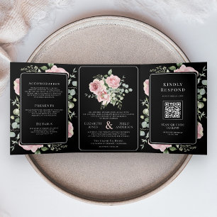 Blush Pink Floral Eucalyptus Black QR Code Wedding Tri-Fold Invitation