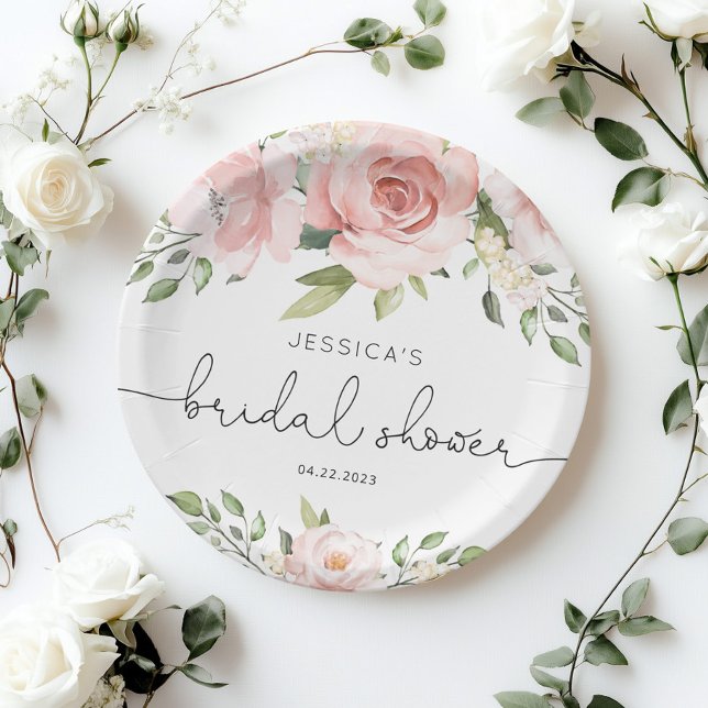 Blush pink floral eucalyptus bridal shower paper plate (Creator Uploaded)