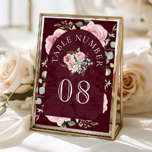 Blush Pink Floral Eucalyptus Burgundy Wedding Table Number