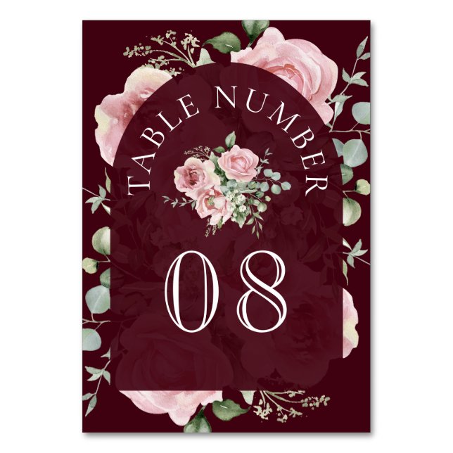 Blush Pink Floral Eucalyptus Burgundy Wedding Table Number (Front)