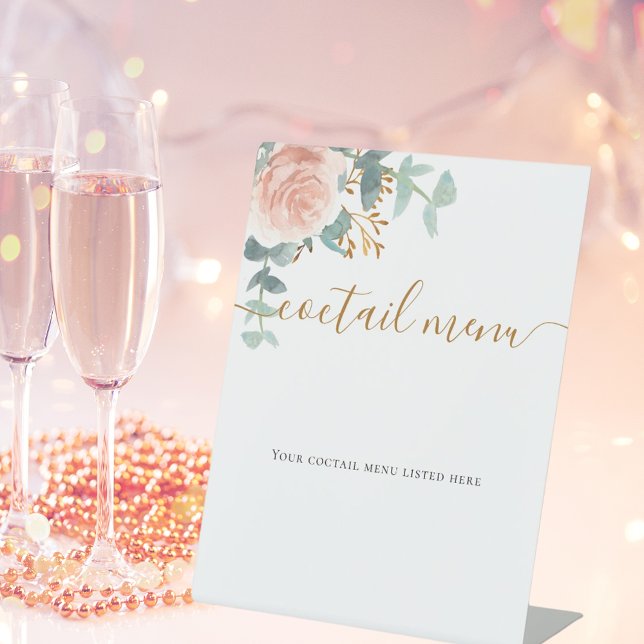 Blush pink floral eucalyptus coctail bar menu  pedestal sign (Creator Uploaded)