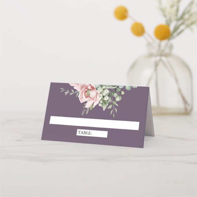 Blush Pink Floral Eucalyptus Dusty Purple Wedding Place Card (Front)