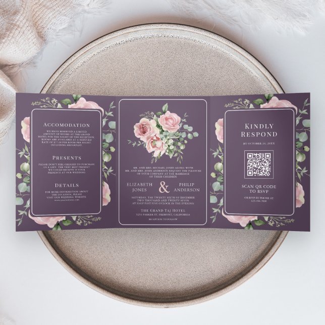 Blush Pink Floral Eucalyptus Dusty Purple Wedding Tri-Fold Invitation (Creator Uploaded)