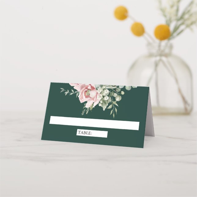 Blush Pink Floral Eucalyptus Emerald Green Wedding Place Card (Front)