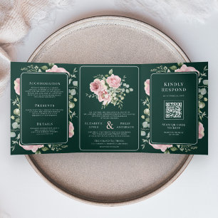 Blush Pink Floral Eucalyptus Emerald Green Wedding Tri-Fold Invitation