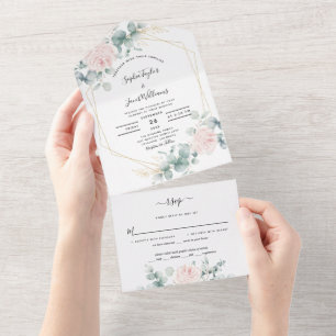 Blush Pink Floral Eucalyptus Geometric Wedding All In One Invitation