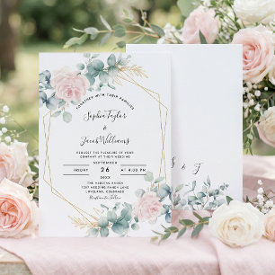 Blush Pink Floral Eucalyptus Geometric Wedding Invitation