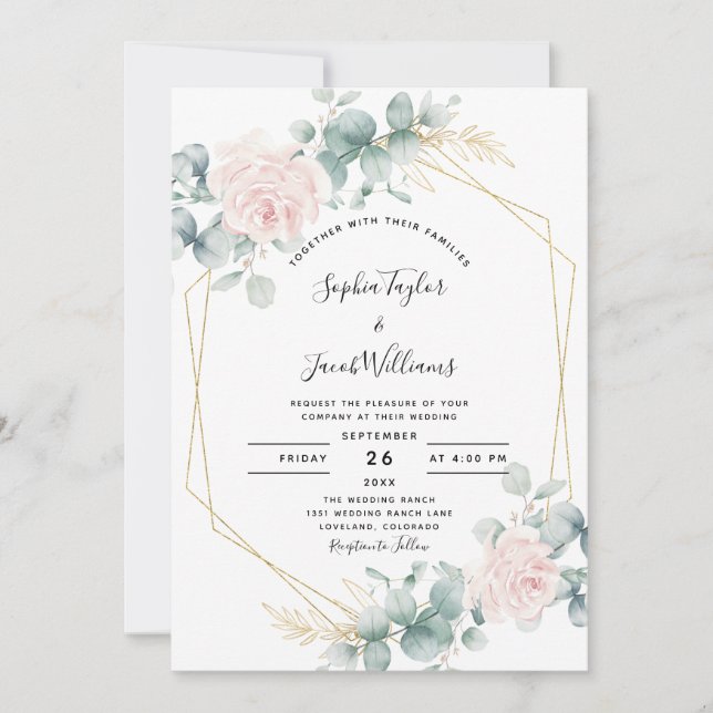 Blush Pink Floral Eucalyptus Geometric Wedding Invitation (Front)