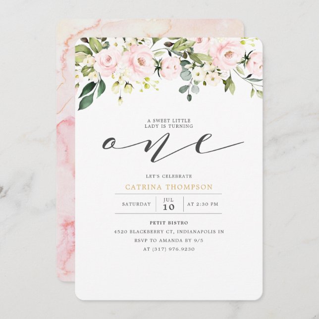 Blush Pink Floral & Eucalyptus Girl 1st Birthday Invitation (Front/Back)