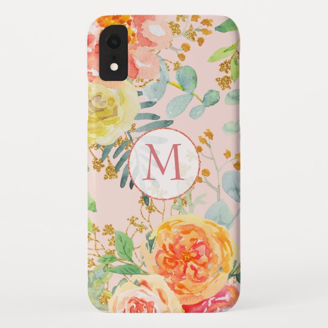 Blush Pink Floral Eucalyptus Glitter Monogram Case-Mate iPhone Case (Back)