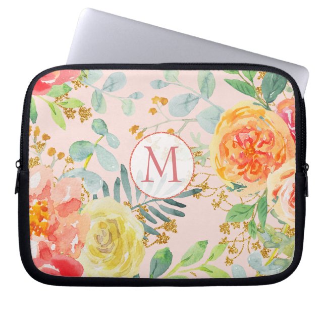 Blush Pink Floral Eucalyptus Glitter Monogram Laptop Sleeve (Front)