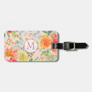 Blush Pink Floral Eucalyptus Glitter Monogram Luggage Tag