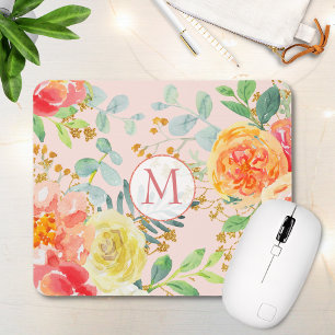Blush Pink Floral Eucalyptus Glitter Monogram Mouse Pad