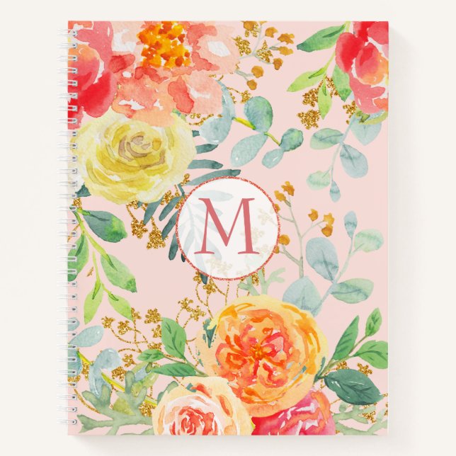 Blush Pink Floral Eucalyptus Glitter Monogram Notebook (Front)