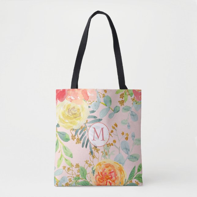 Blush Pink Floral Eucalyptus Glitter Monogram Tote Bag (Front)