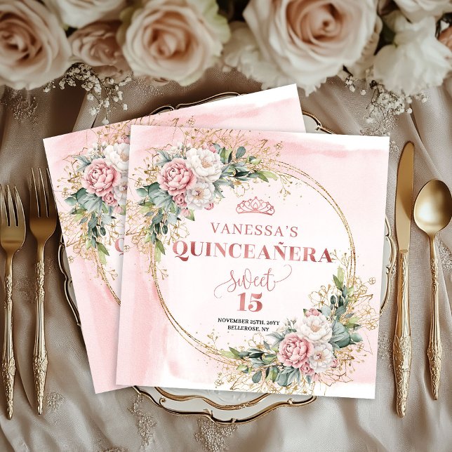 Blush Pink Floral Eucalyptus Napkin for Quince  (Blush Pink Floral Eucalyptus Napkin for Quince Party)