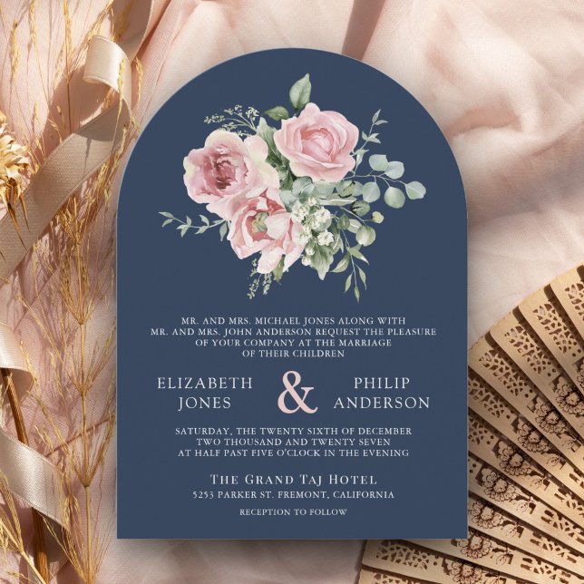 Blush Pink Floral Eucalyptus Navy Blue Wedding Invitation (Creator Uploaded)