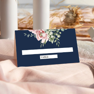 Blush Pink Floral Eucalyptus Navy Blue Wedding Place Card