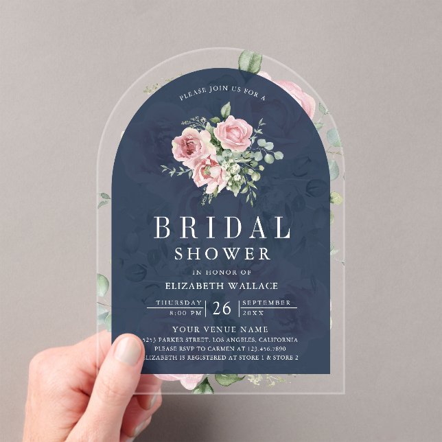 Blush Pink Floral Eucalyptus Navy Bridal Shower Acrylic Invitations (Insitu (Handheld))
