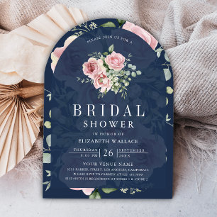 Blush Pink Floral Eucalyptus Navy Bridal Shower Invitation