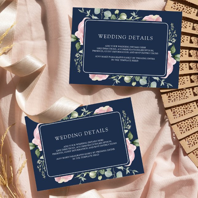 Blush Pink Floral Eucalyptus Navy Wedding Details Enclosure Card (Creator Uploaded)