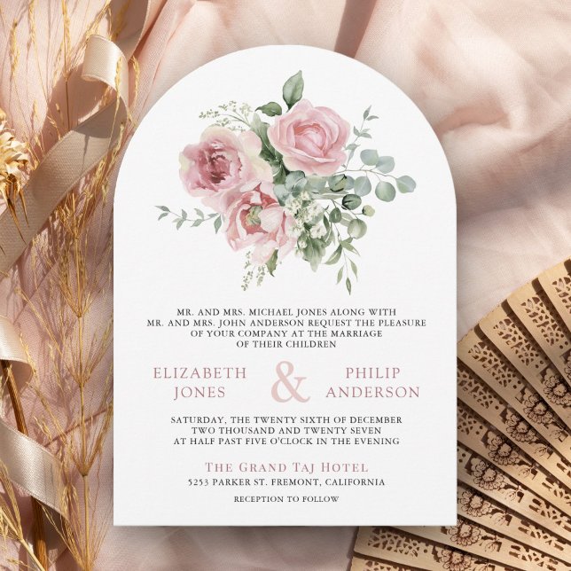Blush Pink Floral Eucalyptus QR Code Photo Wedding Invitation (Creator Uploaded)