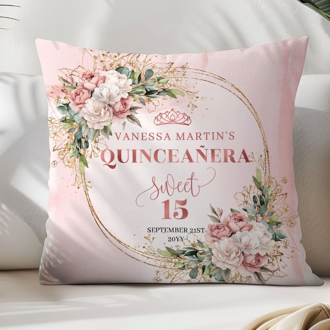 Blush Pink Floral Eucalyptus Quinceañera Keepsake  Cushion (Blush Pink Floral Eucalyptus Quinceañera Keepsake Pillow)