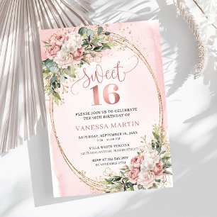 Blush Pink Floral Eucalyptus Sweet 16 Birthday  Invitation