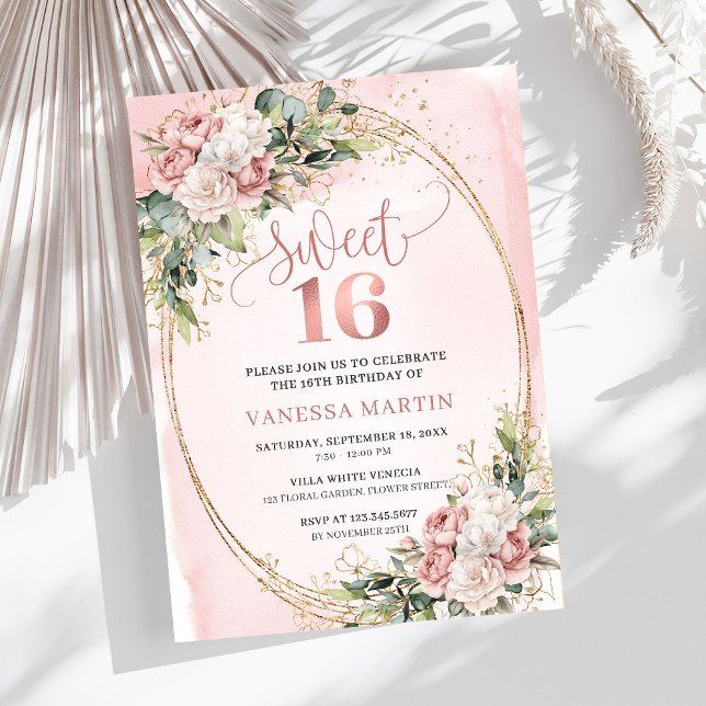 Blush Pink Floral Eucalyptus Sweet 16 Birthday  Invitation (Blush Pink Floral Eucalyptus Sweet 16 Birthday Invite)