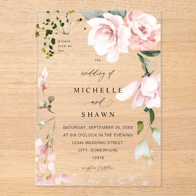 Blush Pink Floral & Eucalyptus Wedding 2B Acrylic Invitations (Front)