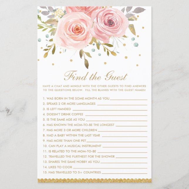 Blush Pink Floral Find The Guest Baby Shower Game (Front)