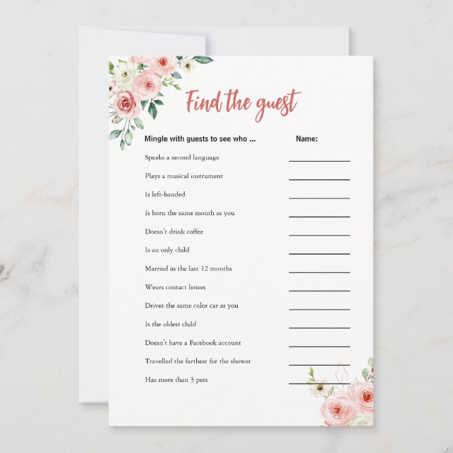 Blush Pink Floral Find the Guest Shower Game Card (Front)