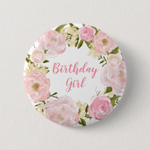 Blush Pink Floral First 1st Birthday Round Badge