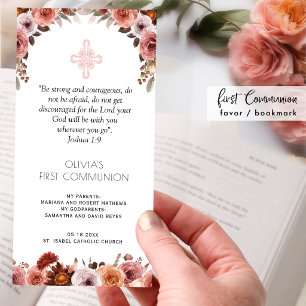 Blush Pink Floral First Communion Bookmark Favour Thank You Card