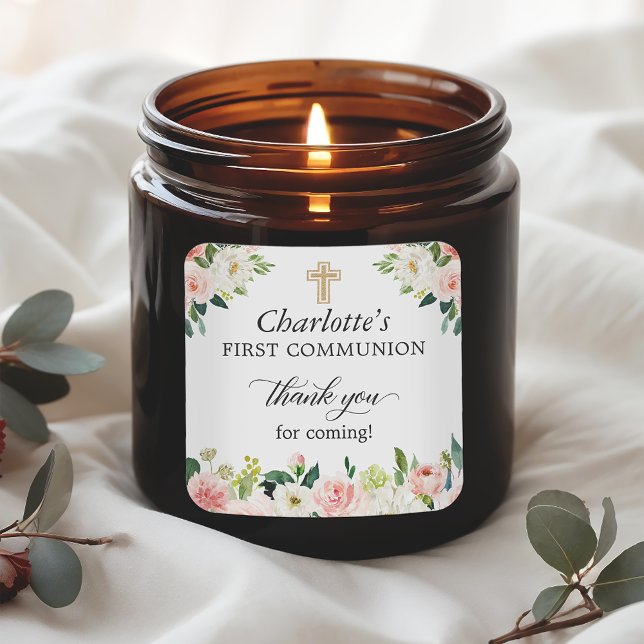 Blush Pink Floral First Communion Thank You Favour Square Sticker (Creator Uploaded)