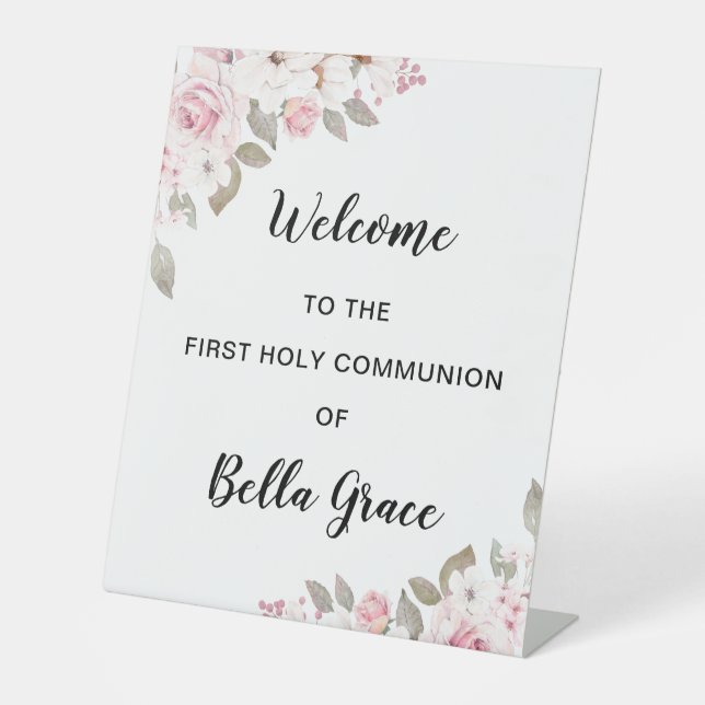 Blush Pink Floral First Communion Welcome Pedestal Sign (Front)