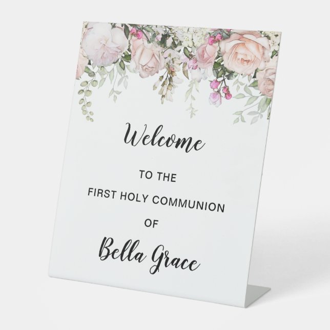 Blush Pink Floral First Communion Welcome  Pedestal Sign (Front)
