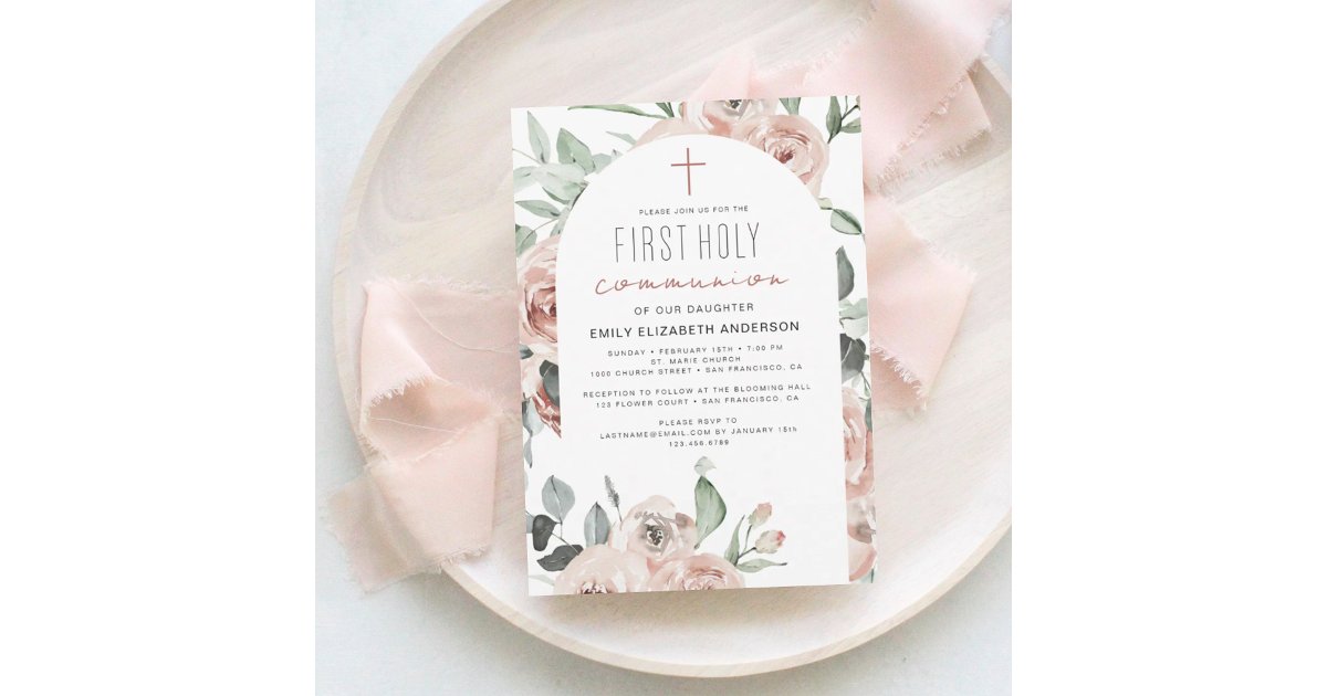 Blush Pink Floral First Holy Communion Invitation | Zazzle