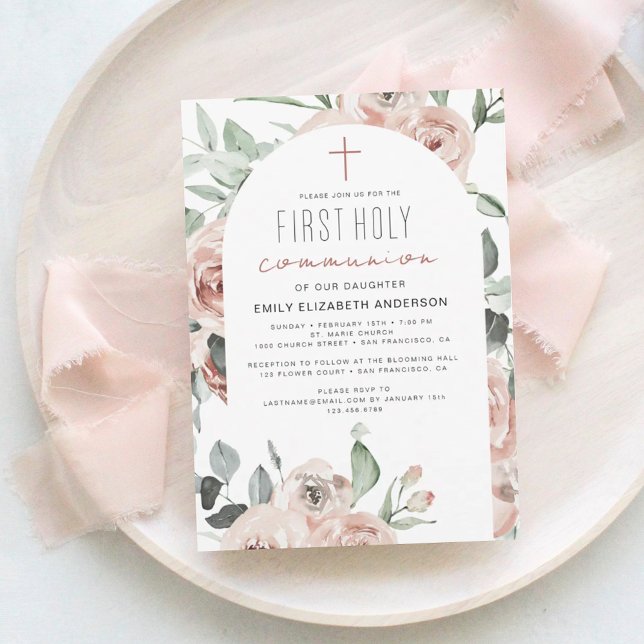 Blush Pink Floral First Holy Communion Invitation (Creator Uploaded)