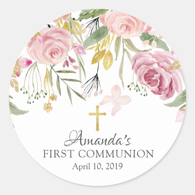 Blush Pink Floral First Holy Communion Sticker (Front)