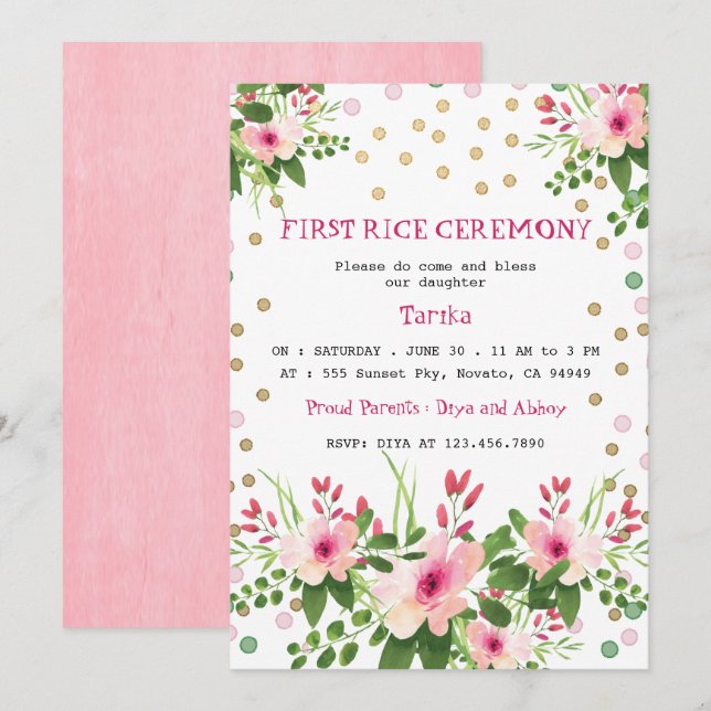 Blush Pink Floral First Rice Ceremony Mukhe Bhaat Invitation (Front/Back)