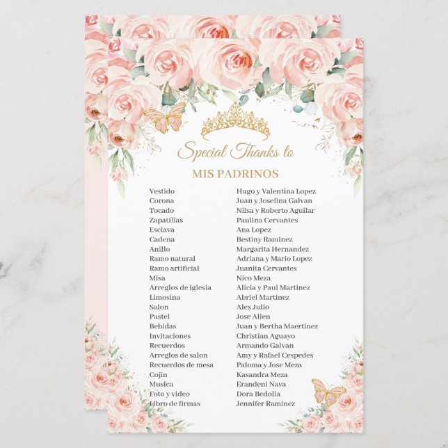 Blush Pink Floral Flowers Mis Padrinos Quinceañera (Front/Back)