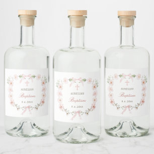 Blush Pink Floral Frame Baptism Liquor Bottle Label