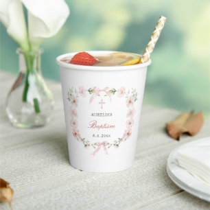 Blush Pink Floral Frame Baptism Paper Cups
