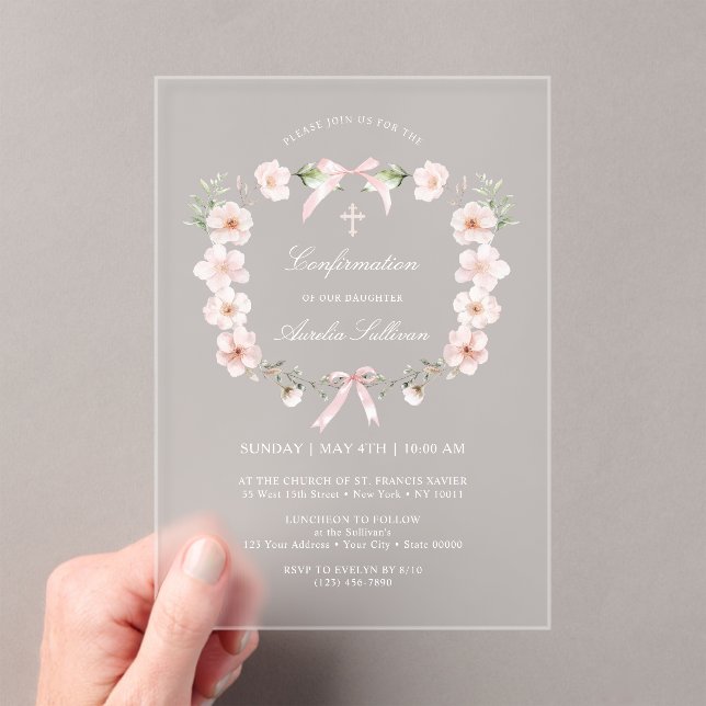 Blush Pink Floral Frame Confirmation Acrylic Invitations (Insitu (Handheld))