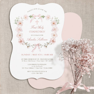 Blush Pink Floral Frame First Holy Communion Invitation