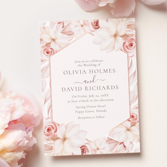 Blush Pink Floral Frame Wedding Invitation (Boho Blush and Pale Pink Floral Wedding Invitation on a table with pale pink peonies.)