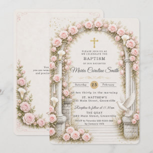 Blush Pink Floral Garden Arch Gold Cross Baptism  Invitation