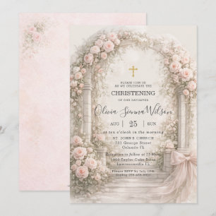 Blush Pink Floral Garden Bow Baptism Christening Invitation