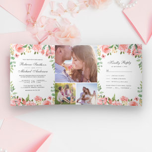 Blush Pink Floral Garden Photo Collage Wedding Tri-Fold Invitation